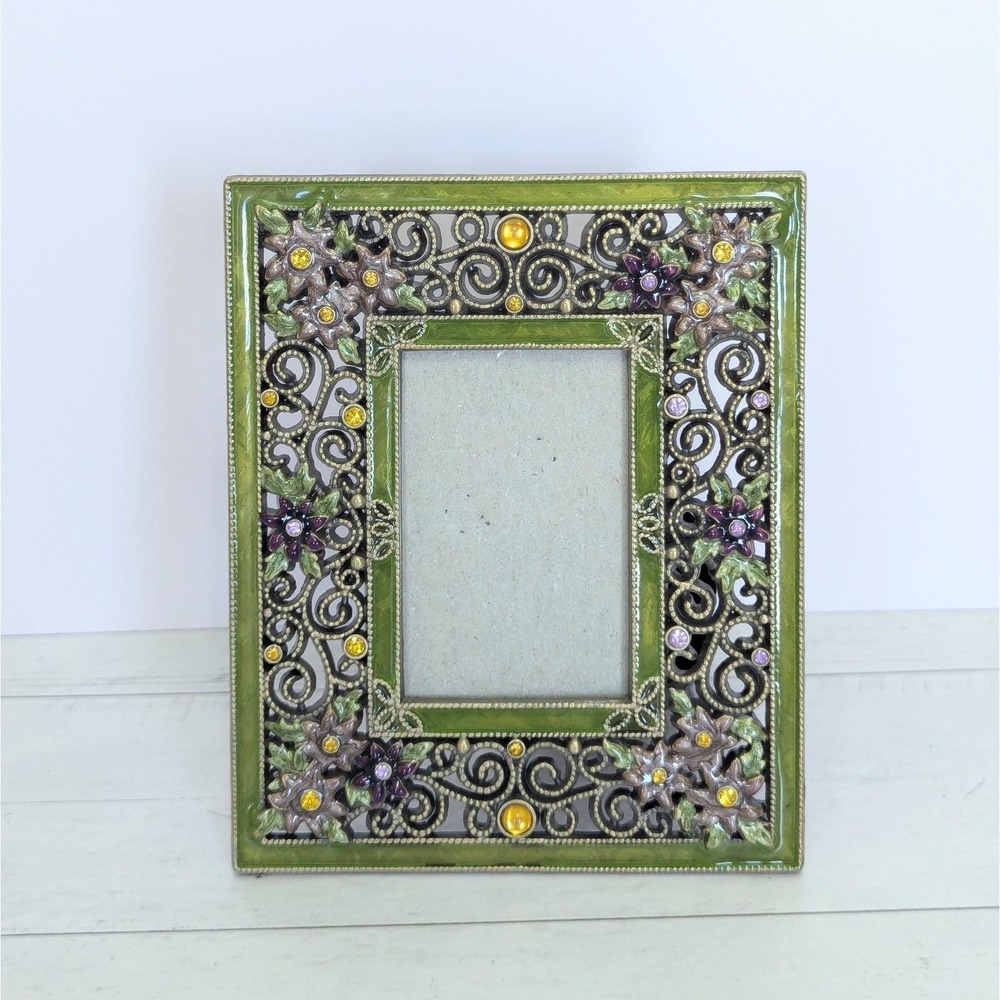 Jeweled Green Enamel Floral Filigree Metal Picture Frame Rhinestone Fits 3x2